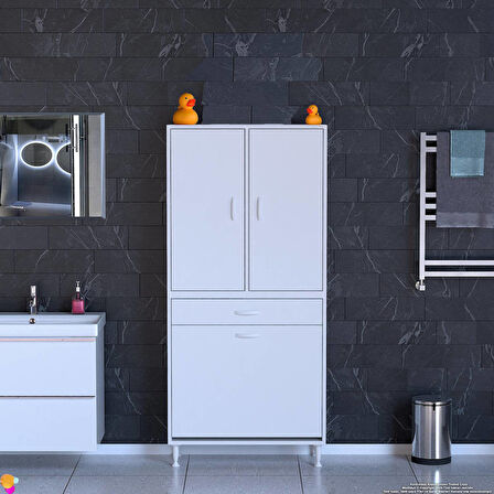 YENİ Kayra Tek Çekmece, 2 Göz Sepet, 2 Kapak, 4 Raf Dar Alan Banyo Dolabı 85x173x32,5 cm