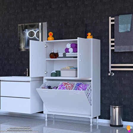 Esil Çok Amaçlı Dolap Kapak İçi Çift Raflı, Üç Akıllı Çamaşır Sepetli Dolap 90x138x32,5 cm