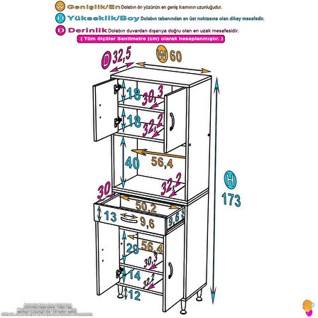Azra Mutfak Ve Banyo Dolabı Tek Çekmece 4 kapak ve 6 raflı Çok Amaçlı Dolap 60x173x32,5 cm