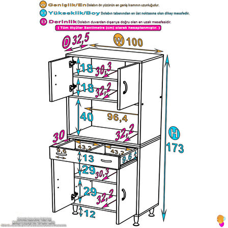 Azra Mutfak Ve Banyo Dolabı Tek Çekmece 4 kapak ve 5 raflı Çok Amaçlı Dolap 100x173x32,5 cm