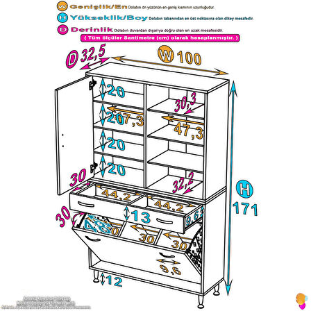 YENİ Kayra Tek Çekmece, 3 Göz Sepet, 2 Kapak, 8 Raf Dar Alan Banyo Dolabı 100x173x32,5 cm