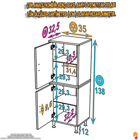 Elmas  Çok Amaçlı Dolap 35 cm 4 Kapak 4 Bölmeli Banyo Mutfak Dolabı 35x138x32,5 cm