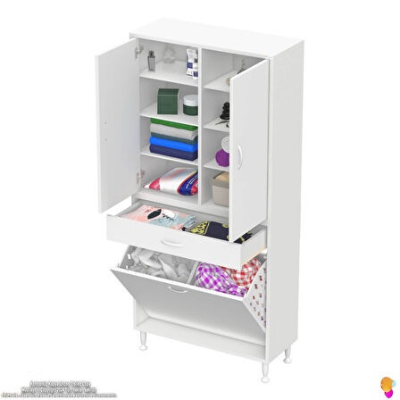 YENİ Kayra Tek Çekmece, 2 Göz Sepet, 2 Kapak, 8 Raf Dar Alan Banyo Dolabı 85x173x32,5 cm