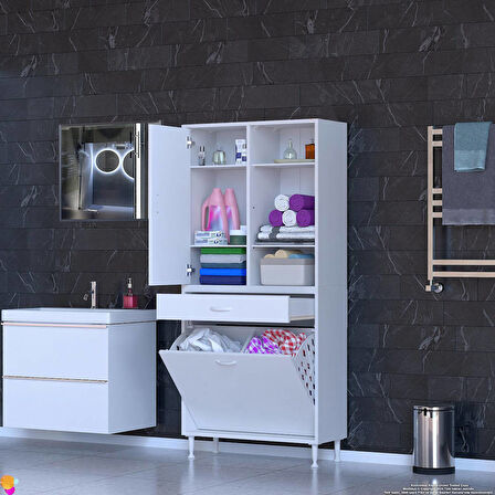 Kayra 1 Çekmece, 2 Göz Sepet, Tek Kapak, 6 Raf Dar Alan Banyo Dolabı 70x173x32,5 cm