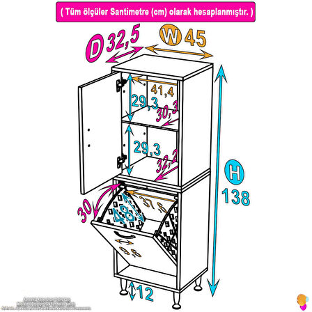 Esil Çok Amaçlı Dolap Kapak İçi Çift Raflı, Tek Göz Akıllı Çamaşır Sepetli Dolap 45x138x32,5 cm