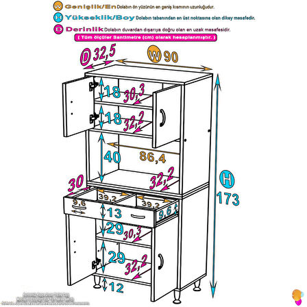 Azra Mutfak Ve Banyo Dolabı Tek Çekmece 4 kapak ve 5 raflı Çok Amaçlı Dolap 90x173x32,5 cm