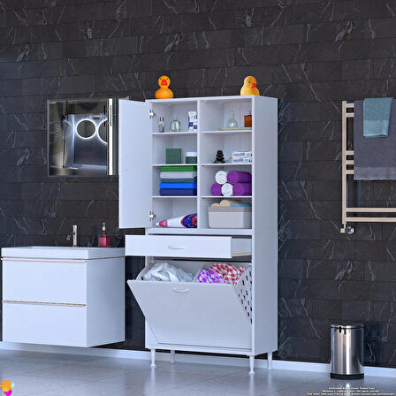 Kayra 1 Çekmece, 2 Göz Sepet, Tek Kapak, 8 Raf Dar Alan Banyo Dolabı 75x173x32,5 cm