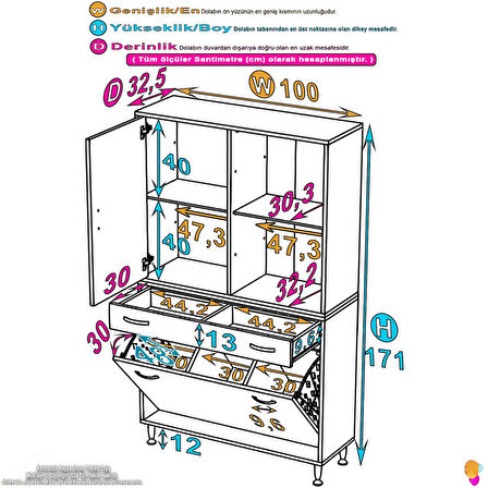 Kayra Tek Çekmece, 3 Göz Sepet, 1 Kapak, 4 Raf Dar Alan Banyo Dolabı 100x173x32,5 cm