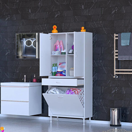 YENİ Kayra Tek Çekmece, 2 Göz Sepet, 2 Kapak, 4 Raf Dar Alan Banyo Dolabı 80x173x32,5 cm