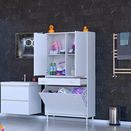 YENİ Kayra Tek Çekmece, 3 Göz Sepet, 2 Kapak, 4 Raf Dar Alan Banyo Dolabı 95x173x32,5 cm