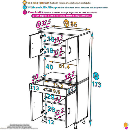 Azra Mutfak Ve Banyo Dolabı Tek Çekmece 4 kapak ve 5 raflı Çok Amaçlı Dolap 85x173x32,5 cm