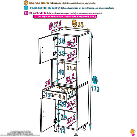 Azra Mutfak Ve Banyo Dolabı Tek Çekmece 2 kapak ve 5 raflı Çok Amaçlı Dolap 40x173x32,5 cm