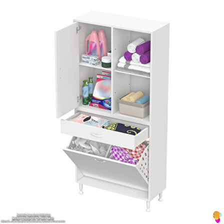 Kayra Banyo Dolabı Tek Çekmece, 2 Göz Sepet, 1 Kapak, 4 Raf Dar Alan Banyo Dolabı 85x173x32,5 cm