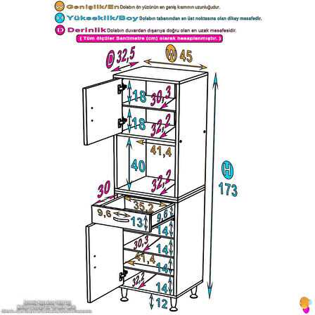 Azra Mutfak Ve Banyo Dolabı Tek Çekmece 2 kapak ve 7 raflı Çok Amaçlı Dolap 45x173x32,5 cm