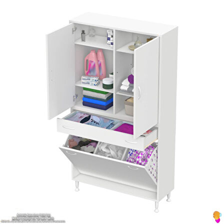 YENİ Kayra Tek Çekmece, 3 Göz Sepet, 2 Kapak, 6 Raf Dar Alan Banyo Dolabı 90x173x32,5 cm