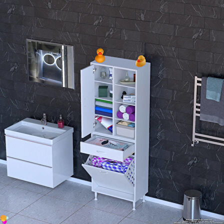 AFRA 55x173x32,5cm 1 Çekmece, 1 Göz Sepet, 1 Kapak, 8 Raf Dar Alan Banyo Dolabı