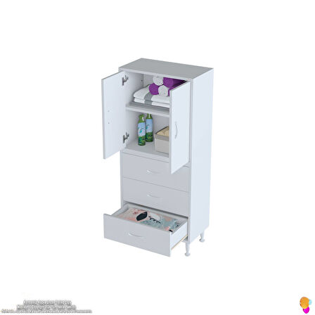 İLKİM 65 x 138 x 32,5 cm' lik Kapak İçi Çift Raflı ve 3 Çekmeceli Düzen Harikası Dolap