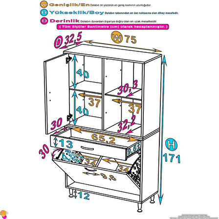 Kayra 1 Çekmece, 2 Göz Sepet, Tek Kapak, 4 Raf Dar Alan Banyo Dolabı 75x173x32,5 cm