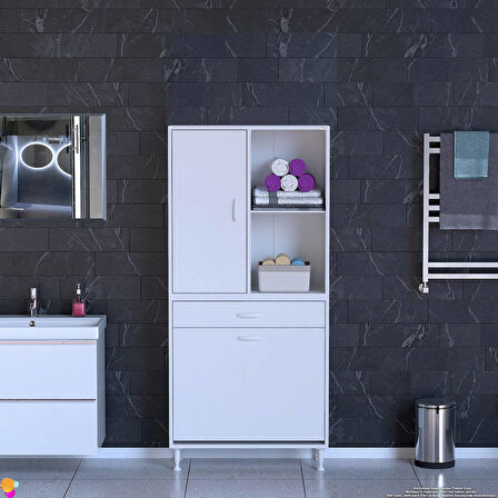 Kayra 1 Çekmece, 2 Göz Sepet, Tek Kapak, 4 Raf Dar Alan Banyo Dolabı 75x173x32,5 cm