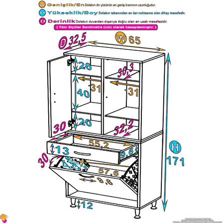 YENİ Kayra Tek Çekmece, 1 Göz Sepet, 2 Kapak, 6 Raf Dar Alan Banyo Dolabı 65x173x32,5 cm
