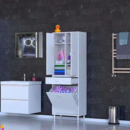 YENİ Kayra Tek Çekmece, 1 Göz Sepet, 2 Kapak, 6 Raf Dar Alan Banyo Dolabı 65x173x32,5 cm