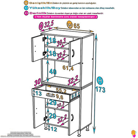 Azra Mutfak Ve Banyo Dolabı Tek Çekmece 4 kapak ve 5 raflı Çok Amaçlı Dolap 65x173x32,5 cm