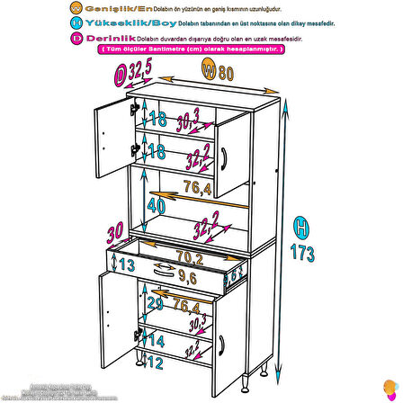 Azra Mutfak Ve Banyo Dolabı Tek Çekmece 4 kapak ve 6 raflı Çok Amaçlı Dolap 80x173x32,5 cm