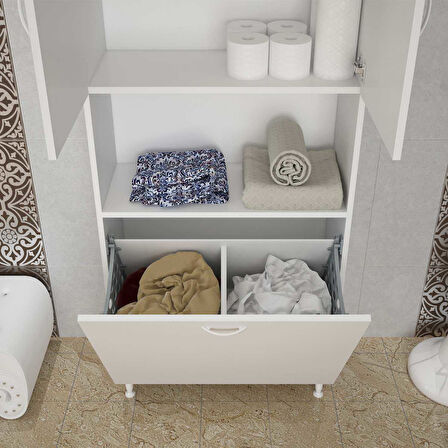 Bella Kirli Çamaşır Sepetli Çok Amaçlı Dolap  Banyo Dolabı 75x160x32,5 Cm