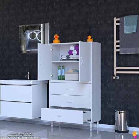 Esil Çok Amaçlı Dolap Kapak İçi Çift Raflı ve 3 Çekmeceli Düzen Harikası Dolap 75x138x32,5 cm