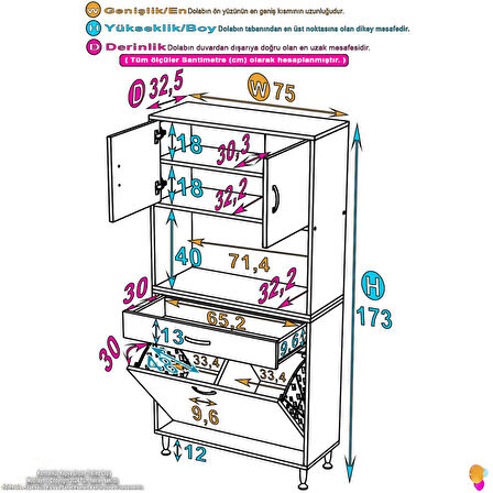 Azra Tek Çekmece 2 Göz Sepetli ve 3 Raf Banyo Ve Mutfak Dolabı Çok Amaçlı Dolap 75x173x32,5 cm
