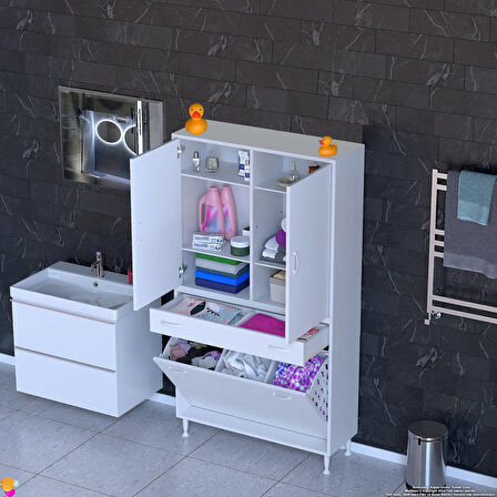 YENİ Kayra Tek Çekmece, 3 Göz Sepet, 2 Kapak, 6 Raf Dar Alan Banyo Dolabı 95x173x32,5 cm