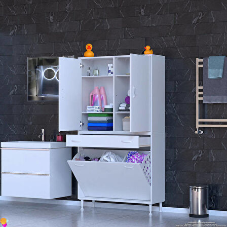 YENİ Kayra Tek Çekmece, 3 Göz Sepet, 2 Kapak, 6 Raf Dar Alan Banyo Dolabı 95x173x32,5 cm