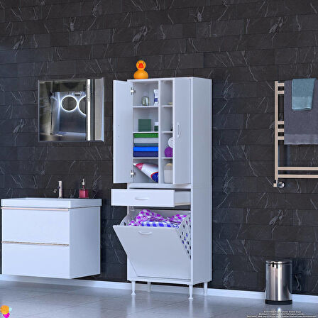 YENİ Kayra Tek Çekmece, 1 Göz Sepet, 2 Kapak, 8 Raf Dar Alan Banyo Dolabı 60x173x32,5 cm