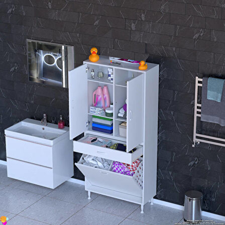 YENİ Kayra Tek Çekmece, 2 Göz Sepet, 2 Kapak, 6 Raf Dar Alan Banyo Dolabı 70x173x32,5 cm