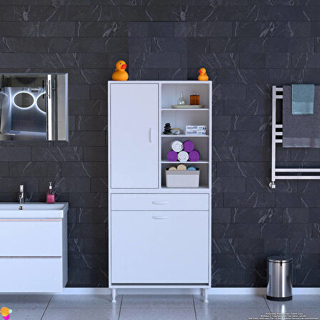 Kayra Tek Çekmece, 2 Göz Sepet, 1 Kapak, 8 Raf Dar Alan Banyo Dolabı 85x173x32,5 cm