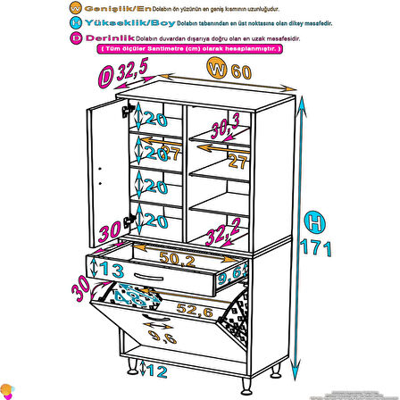 Kayra 1 Çekmece, 1 Göz Sepet, Tek Kapak, 8 Raf Dar Alan Banyo Dolabı 60x173x32,5 cm