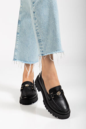 Suins Premium Chapel Model Toka Detaylı Kadın Siyah Kahve Loafer Ayakkabı