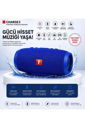 Charge3 Bluetooth Hoparlör Usb ve Hafıza Kartı Girişli Fm Radyolu Şarjlı Taşınabilir Kablosuz Speaker Mp3 Çalar Tüm Cihazlara Uyumlu