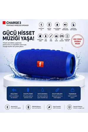Charge3 Bluetooth Hoparlör Usb ve Hafıza Kartı Girişli Fm Radyolu Şarjlı Taşınabilir Kablosuz Speaker Mp3 Çalar Tüm Cihazlara Uyumlu