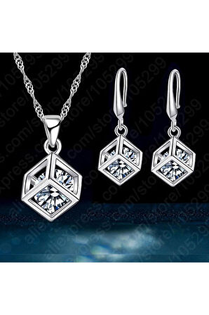 925 Ayar Gümüş Kaplama Küp Kolye Küpe Seti