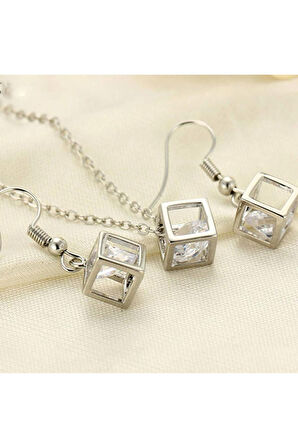 925 Ayar Gümüş Kaplama Küp Kolye Küpe Seti