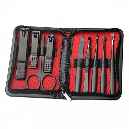 9 Parça Paslanmaz Çelik Çantalı Manikür ve Pedikür Seti El Ayak Tırnak Makası Seti-Siyah