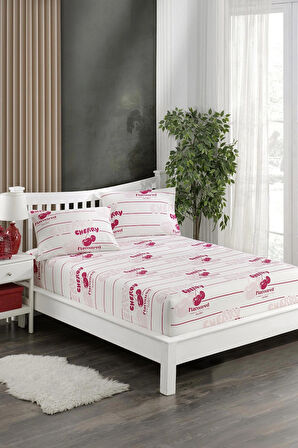 Cherry Baskılı Kumaş Lastikli Fıtted Yastıklı Çarşaf Seti