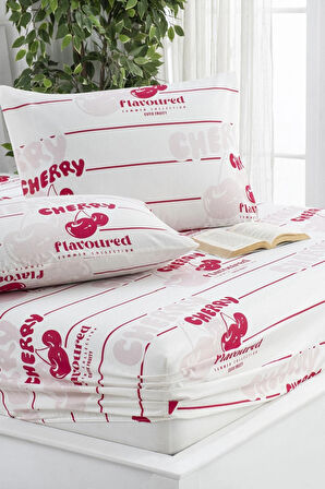 Cherry Baskılı Kumaş Lastikli Fıtted Yastıklı Çarşaf Seti