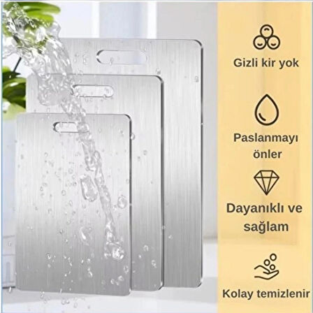 3'lü Paslanmaz Çelik Kesme Tahtası Seti (34X23 - 30X20 - 25X15 Cm) | Kaymaz Silikon Ayaklı, Dayanıklı ve Hijyenik