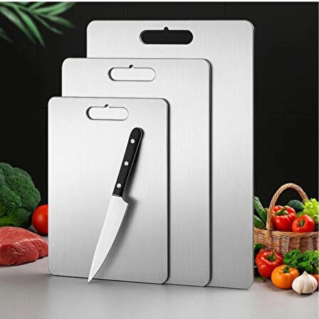 3'lü Paslanmaz Çelik Kesme Tahtası Seti (34X23 - 30X20 - 25X15 Cm) | Kaymaz Silikon Ayaklı, Dayanıklı ve Hijyenik