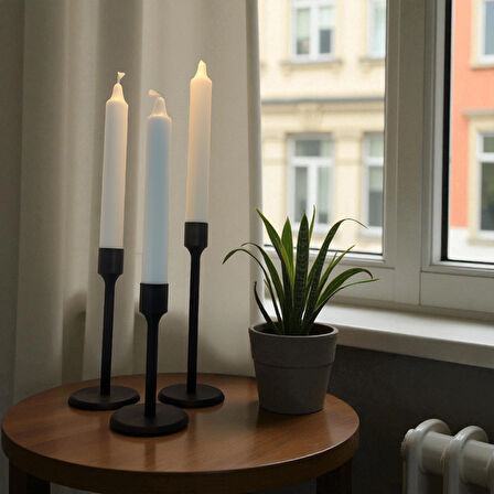 3’lü Modern Plastik Şamdan Mumluk Seti – Siyah – 7 cm Tabanlı – 12/15/18 cm Yükseklik – 2,2 cm Mum Uyumlu