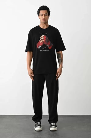 DE'CHARME Unisex Baskılı Oversize T-Shirt - Siyah