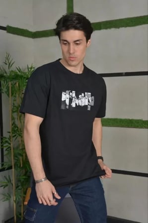 DE'CHARME Unisex Bisiklet Yaka Baskılı Oversize T-Shirt - Siyah