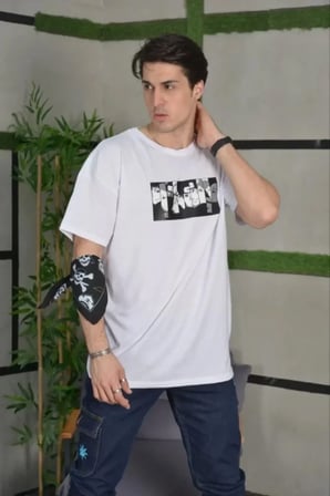 DE'CHARME Unisex Bisiklet Yaka Baskılı Oversize T-Shirt - Beyaz